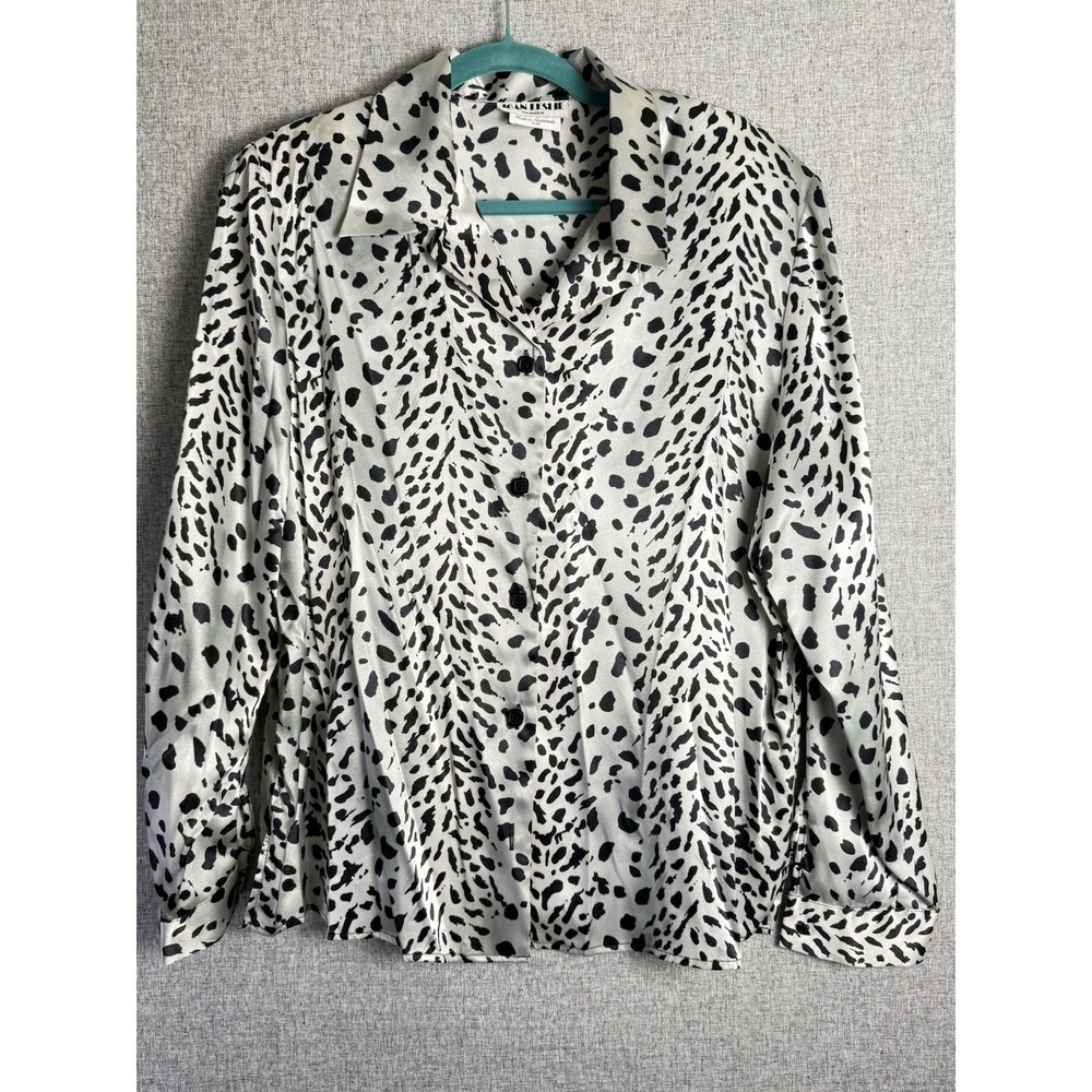 Vintage 90s Satin Blouse Silver Leopard Print Button Up Long Sleeve Top XL/XXL